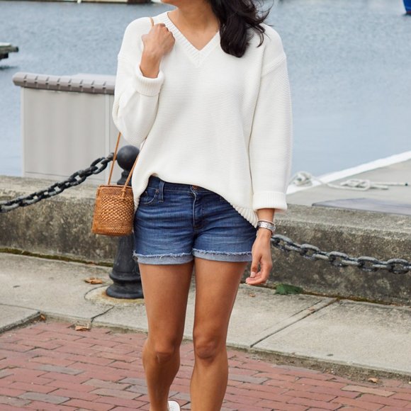 Everlane The Link-Stitch V-Neck Sweater Small Ivory Cream Bone Off White Cotton - Picture 14 of 14